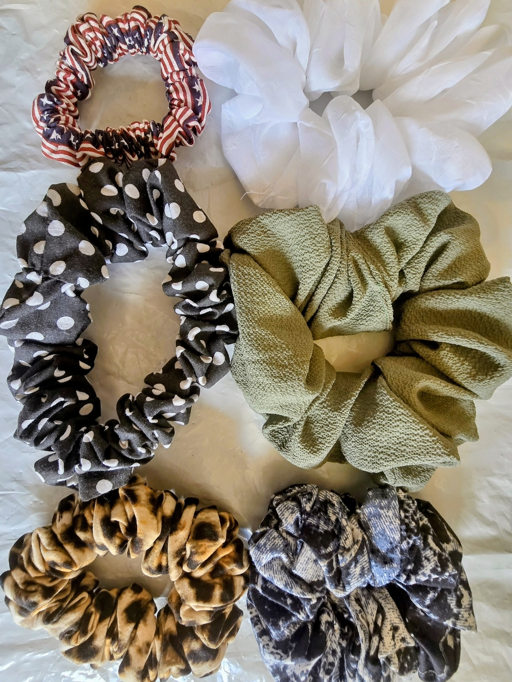 Scrunchie- Polka Dot, Olive, White, Leopard & Marble 6 Piece New Handmade More